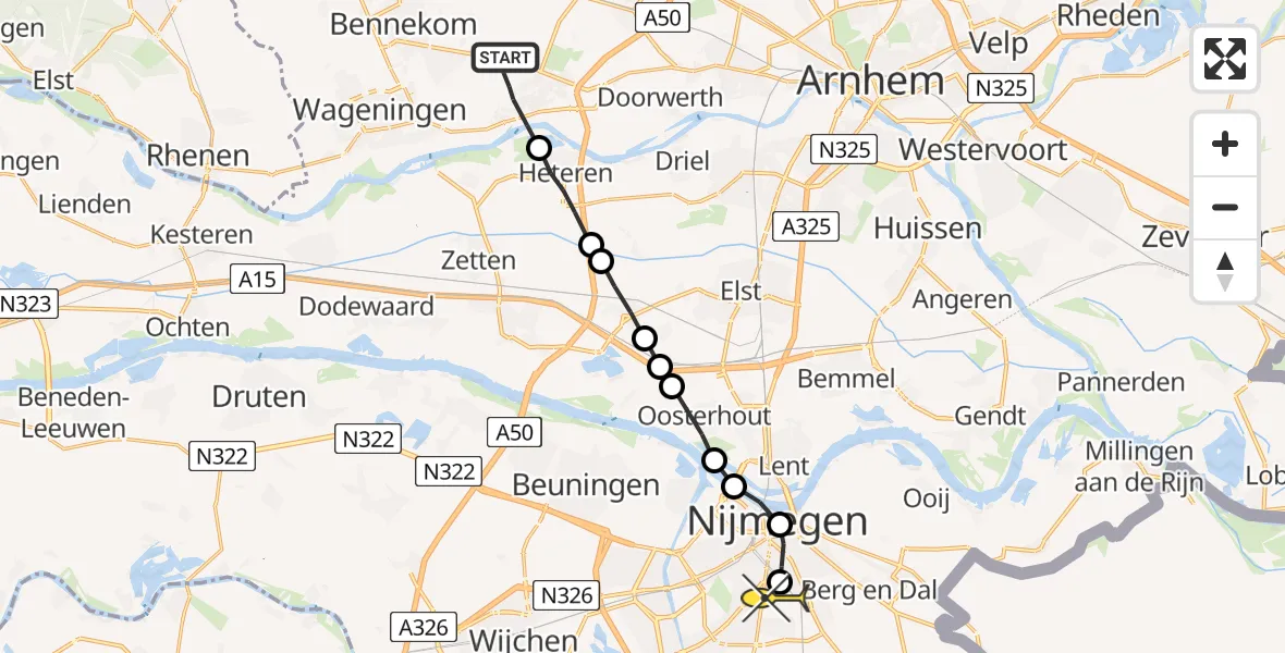 Routekaart van de vlucht: Lifeliner 3 naar Radboud Universitair Medisch Centrum