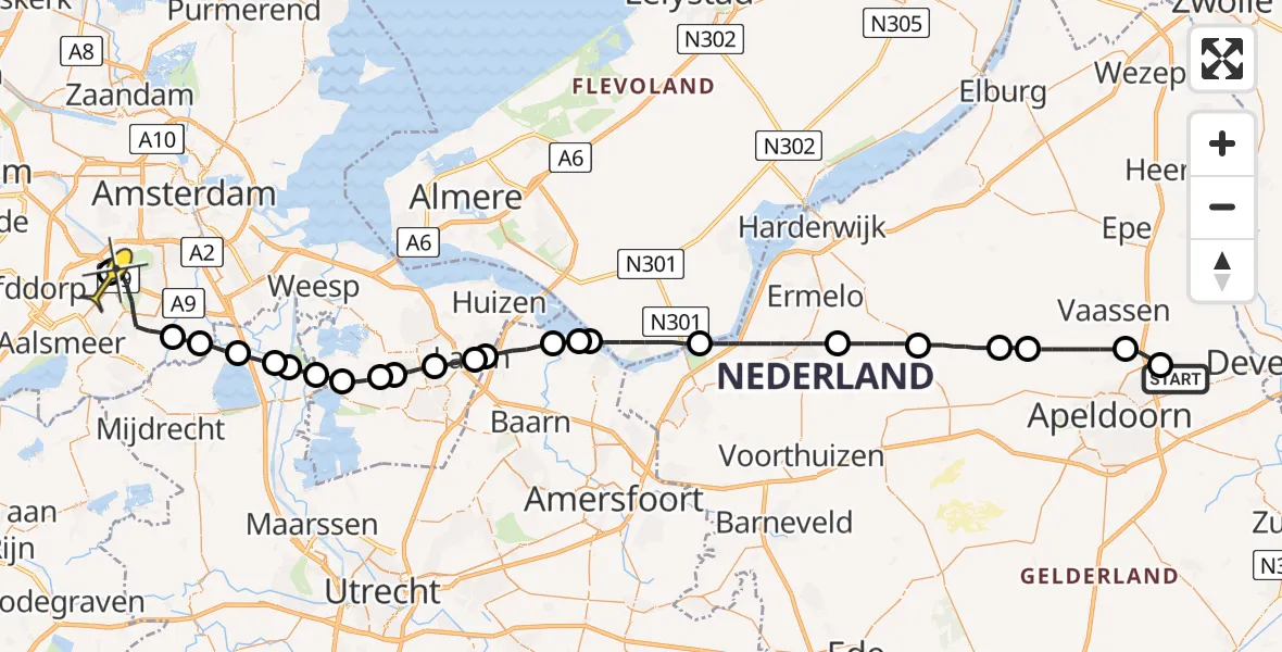 Routekaart van de vlucht: Politieheli naar Schiphol