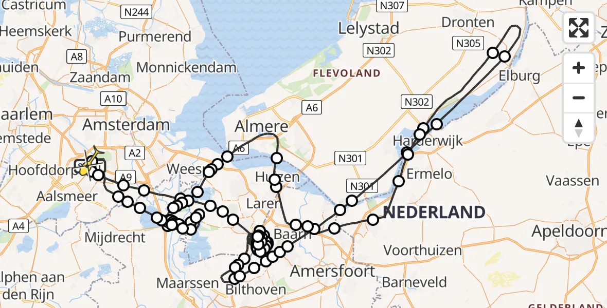 Routekaart van de vlucht: Politieheli naar Schiphol