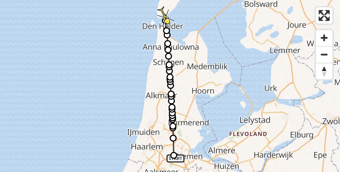 Routekaart van de vlucht: Lifeliner 1 naar Den Hoorn