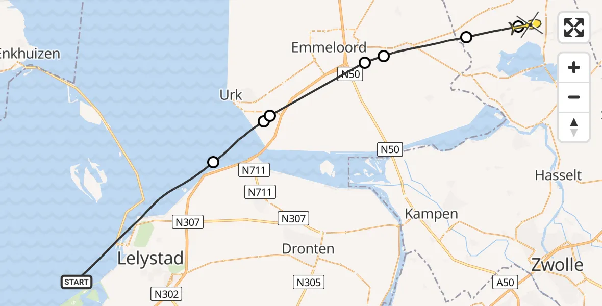 Routekaart van de vlucht: Politiehelikopter naar Giethoorn