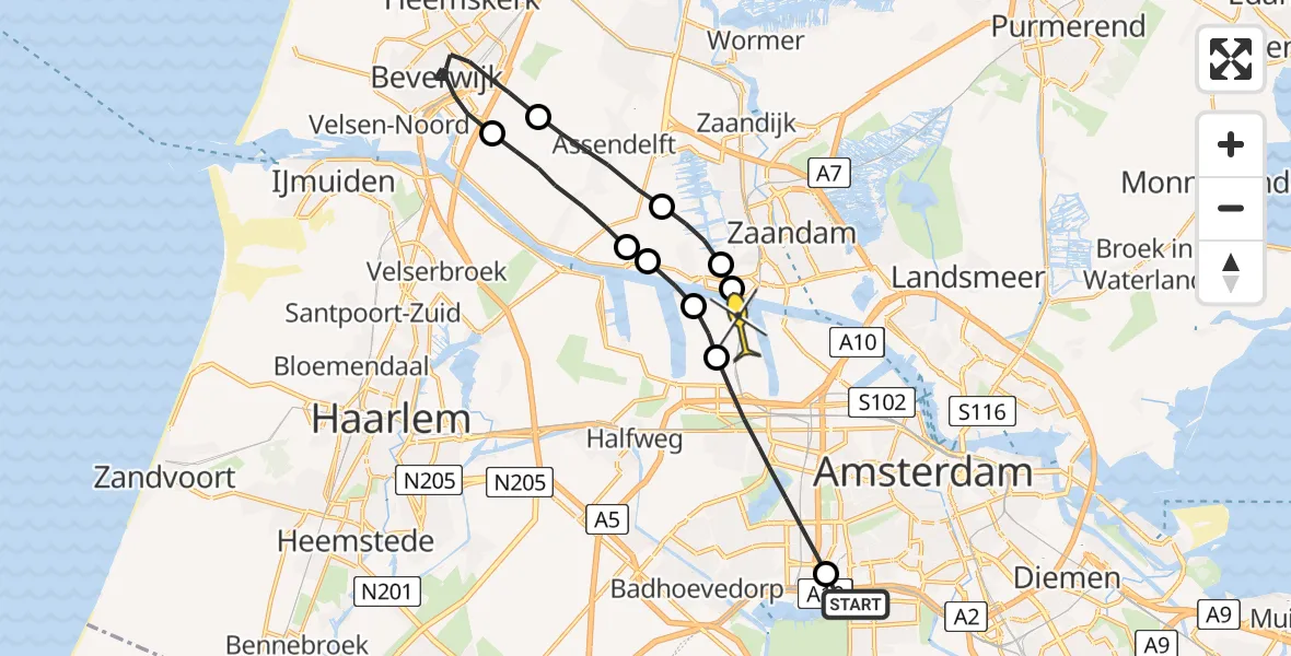 Routekaart van de vlucht: Lifeliner 1 naar Amsterdam Heliport