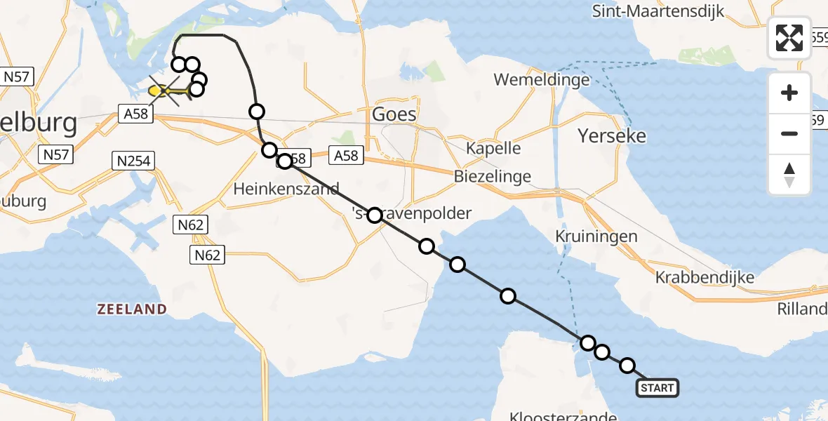 Routekaart van de vlucht: Politiehelikopter naar Vliegveld Midden-Zeeland
