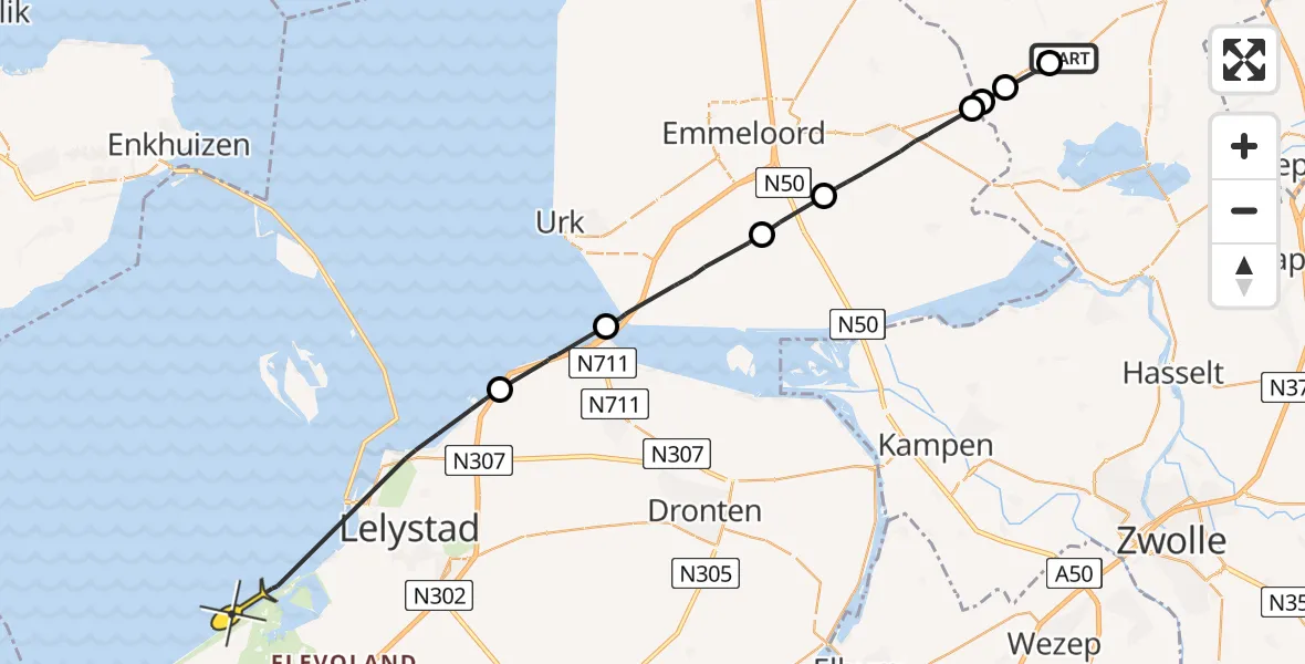 Routekaart van de vlucht: Politieheli naar Lelystad