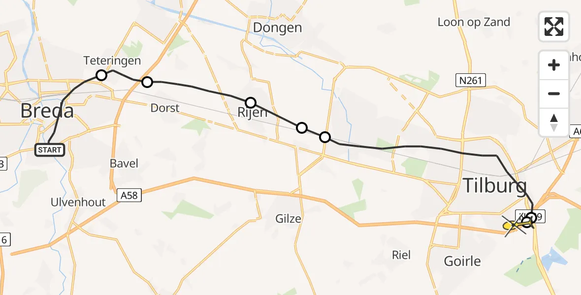 Routekaart van de vlucht: Lifeliner 2 naar Tilburg