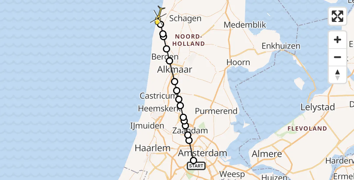 Routekaart van de vlucht: Lifeliner 1 naar Petten