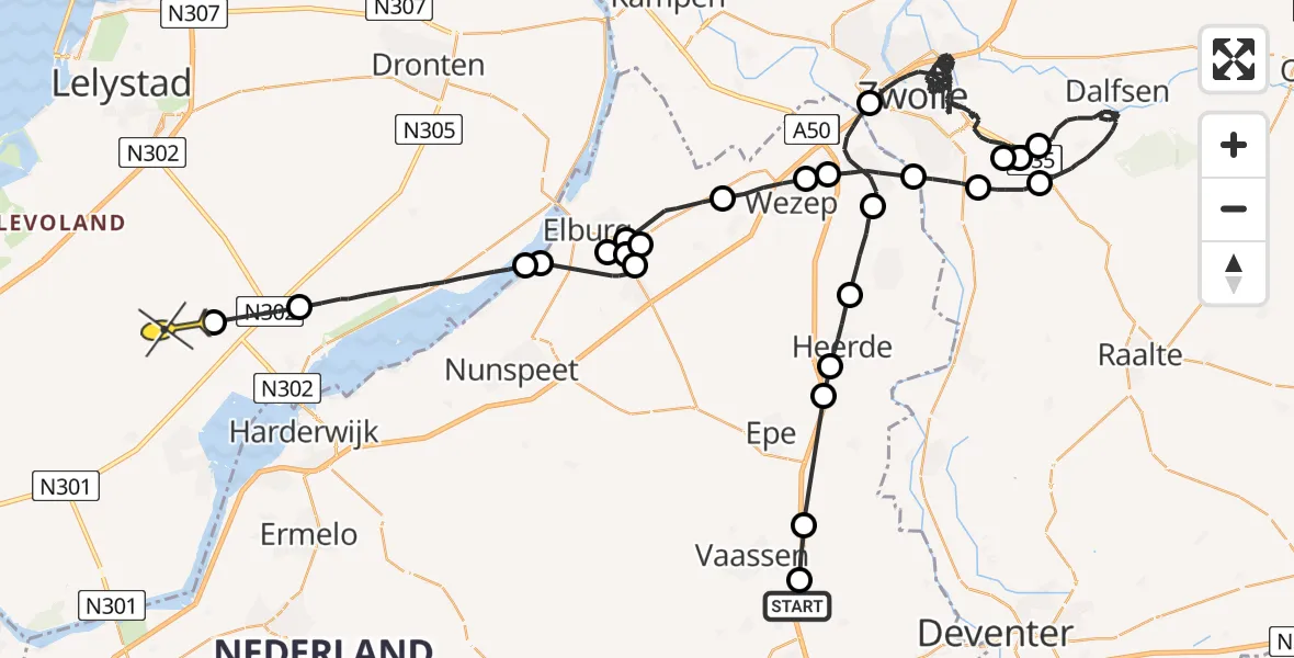 Routekaart van de vlucht: Politieheli naar Lelystad