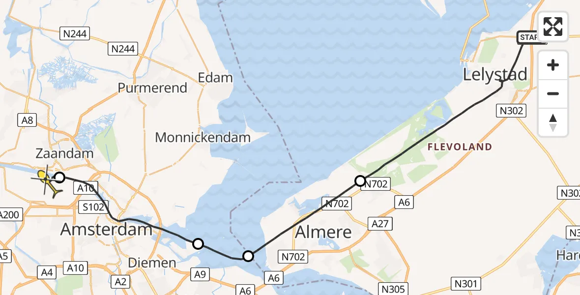 Routekaart van de vlucht: Lifeliner 1 naar Amsterdam Heliport