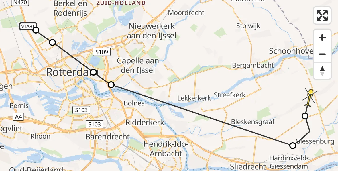 Routekaart van de vlucht: Politiehelikopter naar Ottoland