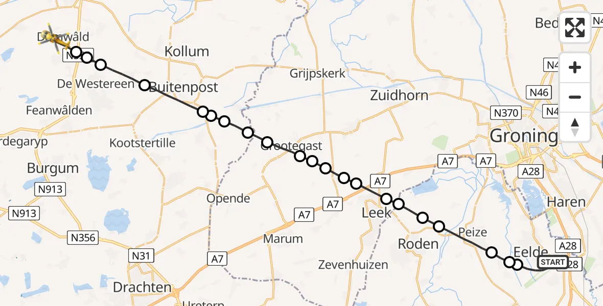 Vluchtroute Traumahelikopter Groningen Airport Eelde - Damwâld, 04 augustus 2022, 15:40