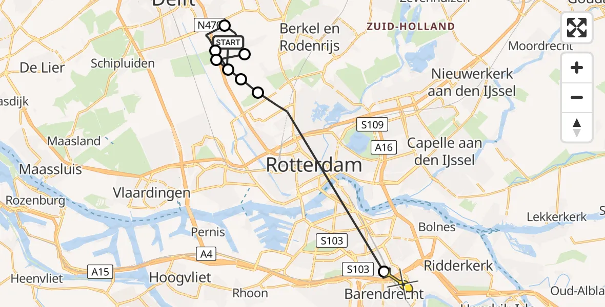 Routekaart van de vlucht: Politieheli naar Barendrecht