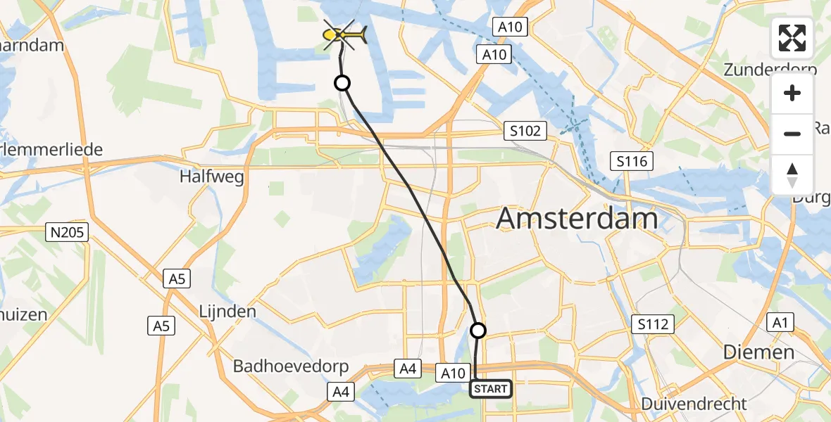 Routekaart van de vlucht: Lifeliner 1 naar Amsterdam Heliport