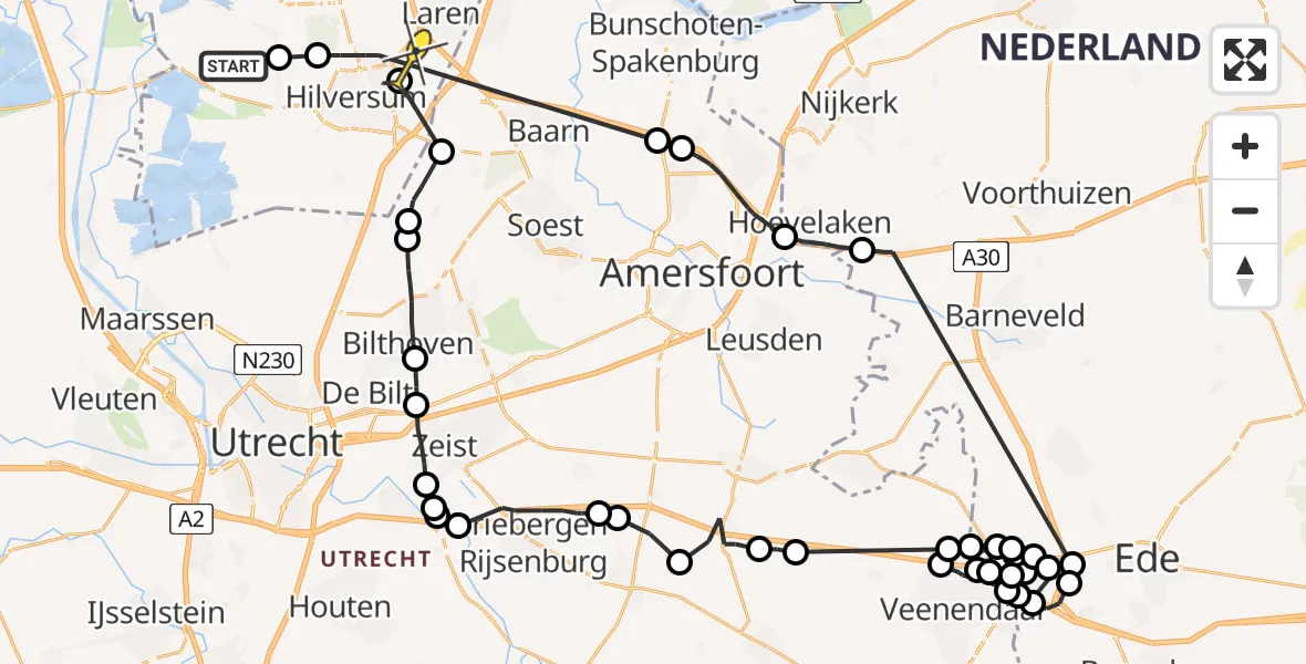 Routekaart van de vlucht: Politieheli naar Laren