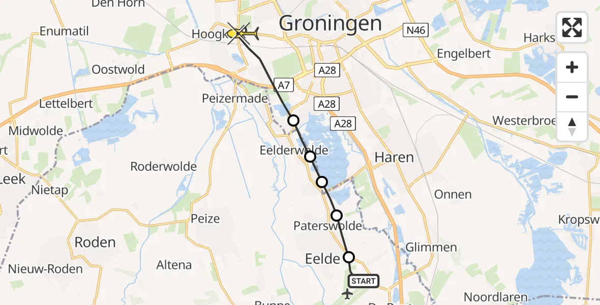 Routekaart van de vlucht: Lifeliner 4 naar Groningen