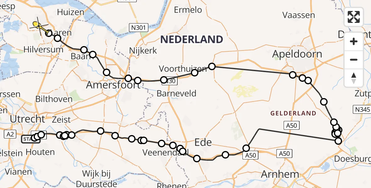Routekaart van de vlucht: Politieheli naar Bussum