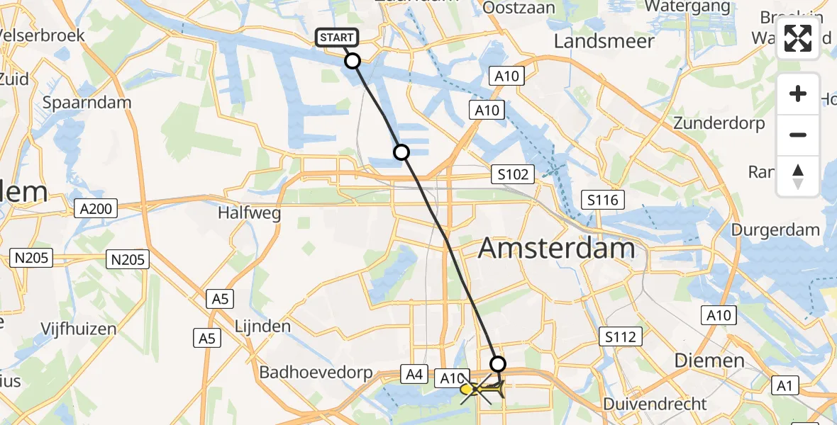 Routekaart van de vlucht: Lifeliner 1 naar VU Medisch Centrum Amsterdam