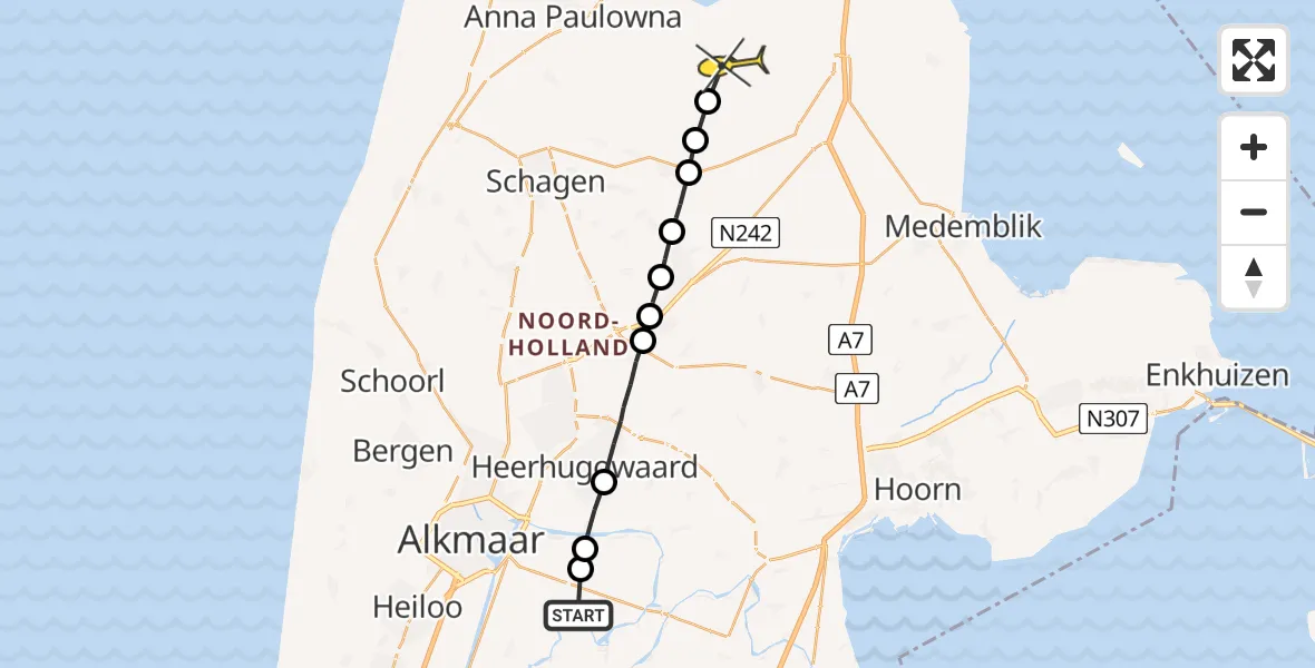 Routekaart van de vlucht: Politiehelikopter naar Slootdorp
