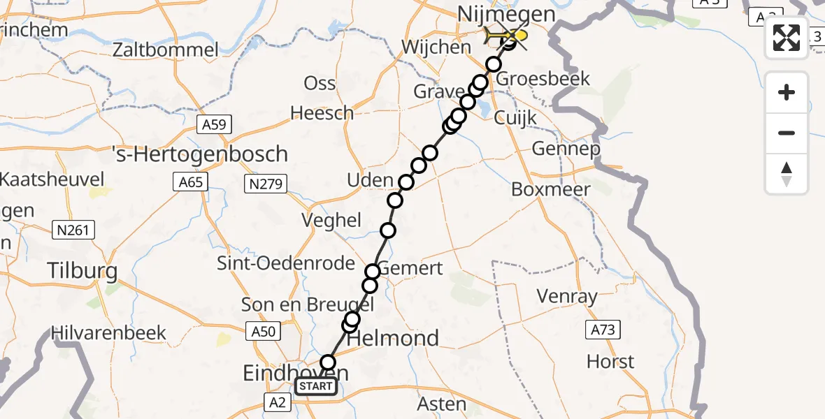 Routekaart van de vlucht: Lifeliner 3 naar Radboud Universitair Medisch Centrum