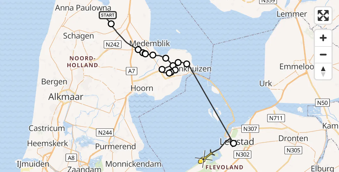 Routekaart van de vlucht: Politieheli naar Lelystad