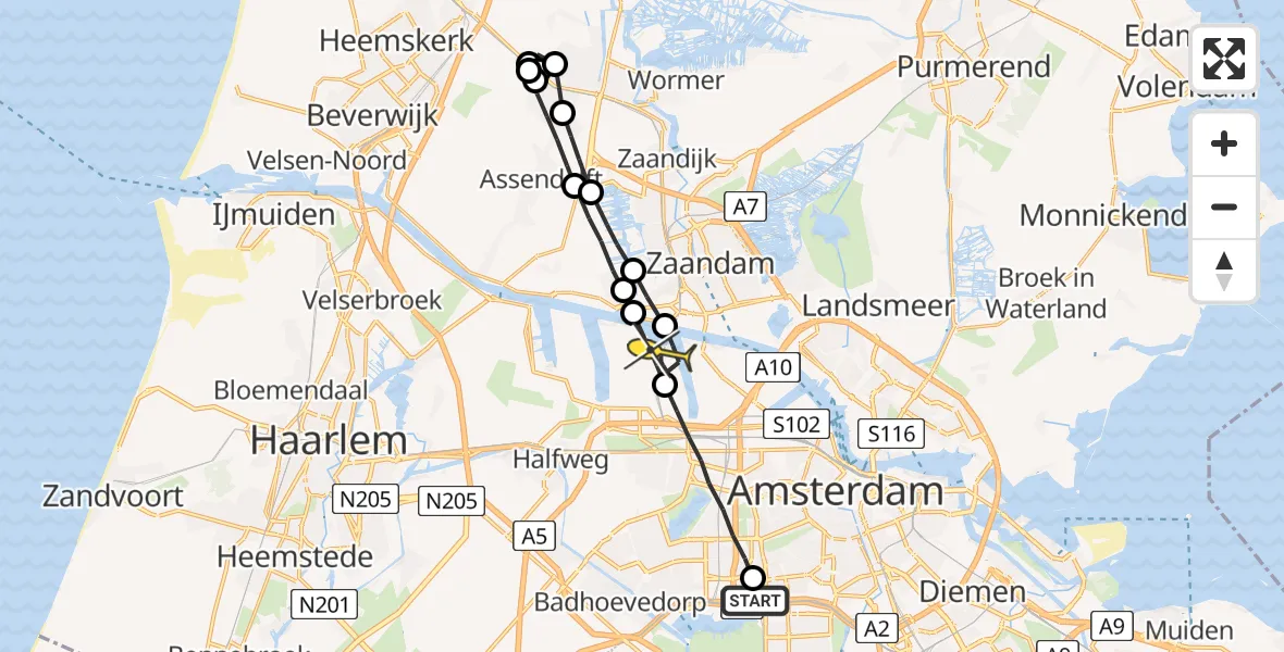Routekaart van de vlucht: Lifeliner 1 naar Amsterdam Heliport