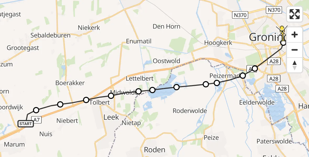 Routekaart van de vlucht: Lifeliner 4 naar Universitair Medisch Centrum Groningen