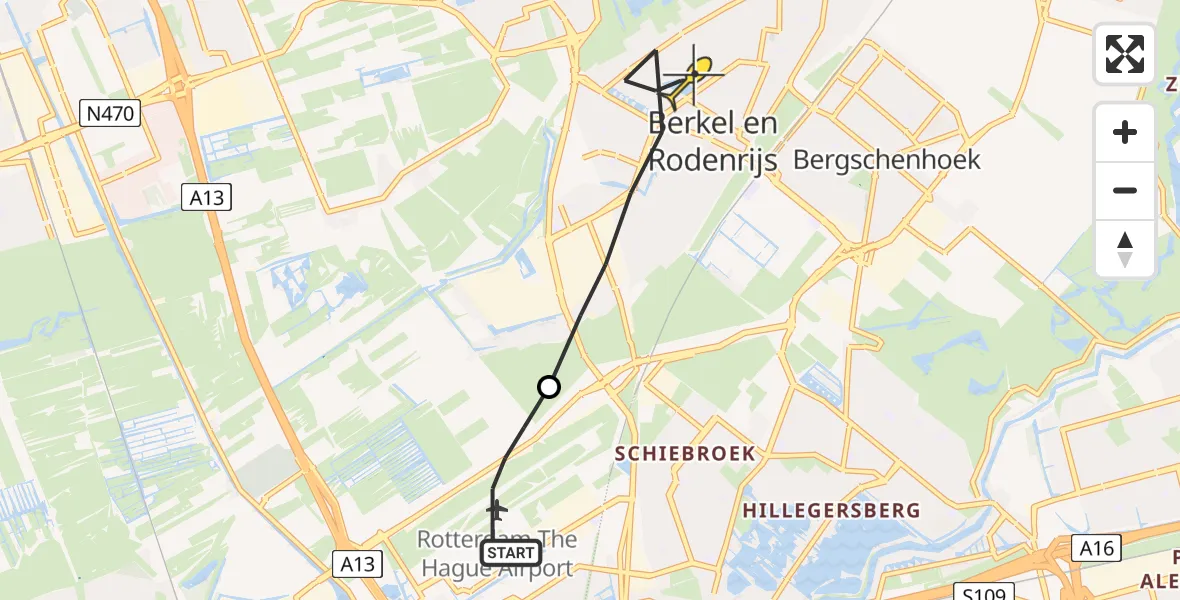 Routekaart van de vlucht: Lifeliner 2 naar Berkel en Rodenrijs