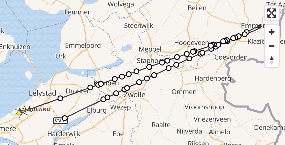 Routekaart van de vlucht: Politieheli naar Lelystad