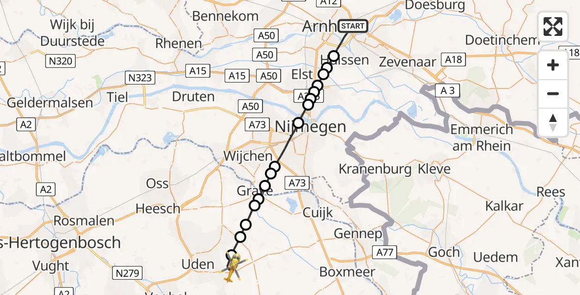 Vluchtroute Traumahelikopter Arnhem - Vliegbasis Volkel, 08 augustus 2022, 05:21