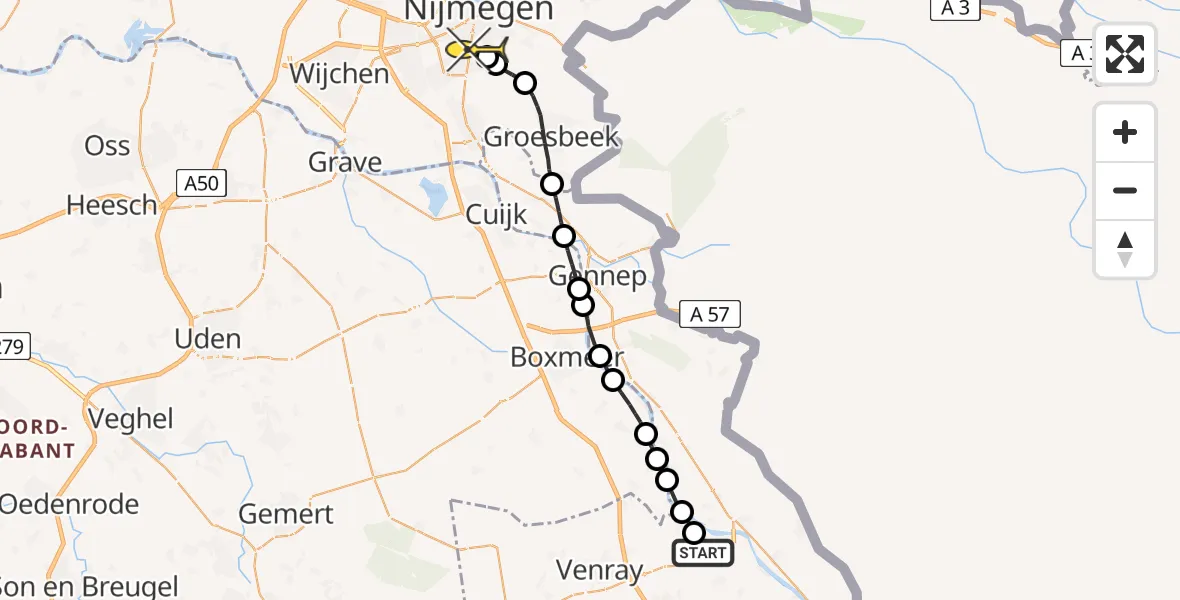 Routekaart van de vlucht: Lifeliner 3 naar Radboud Universitair Medisch Centrum