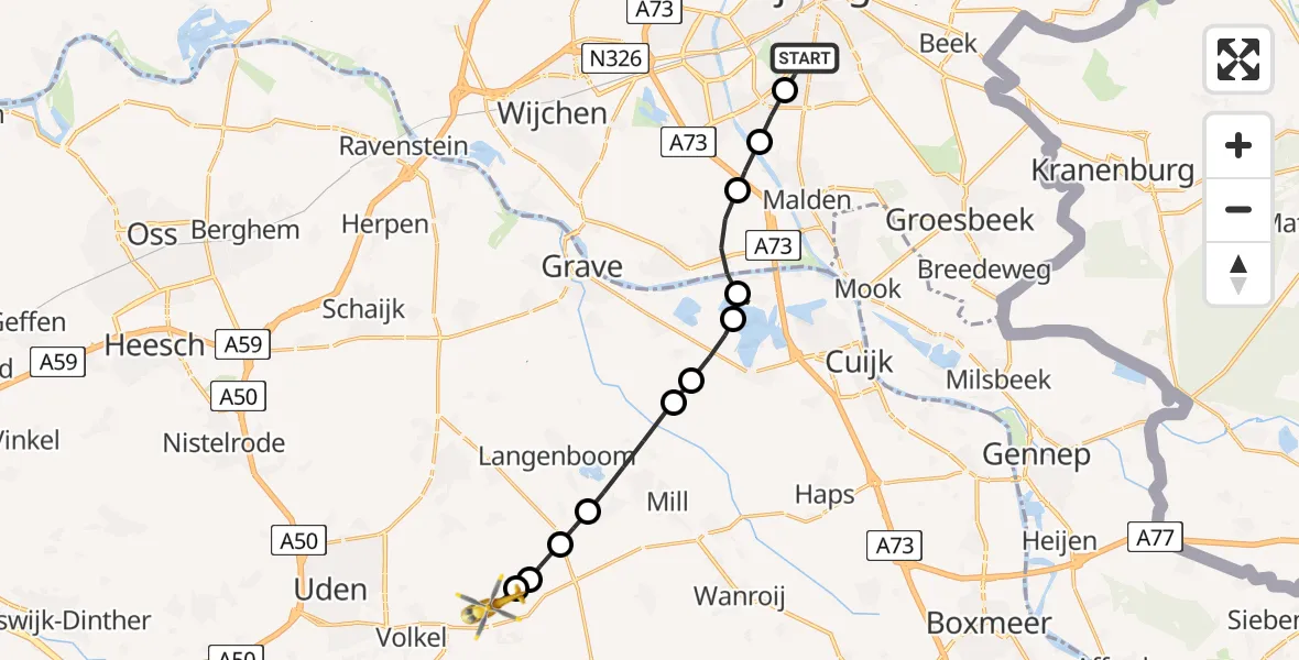 Vluchtroute Traumahelikopter Radboud Universitair Medisch Centrum - Vliegbasis Volkel, 08 augustus 2022, 07:22