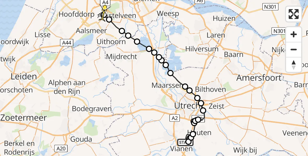Routekaart van de vlucht: Politiehelikopter naar Schiphol