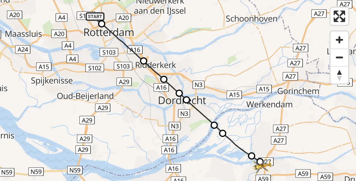 Vluchtroute Traumahelikopter Rotterdam The Hague Airport - Raamsdonksveer, 08 augustus 2022, 12:07