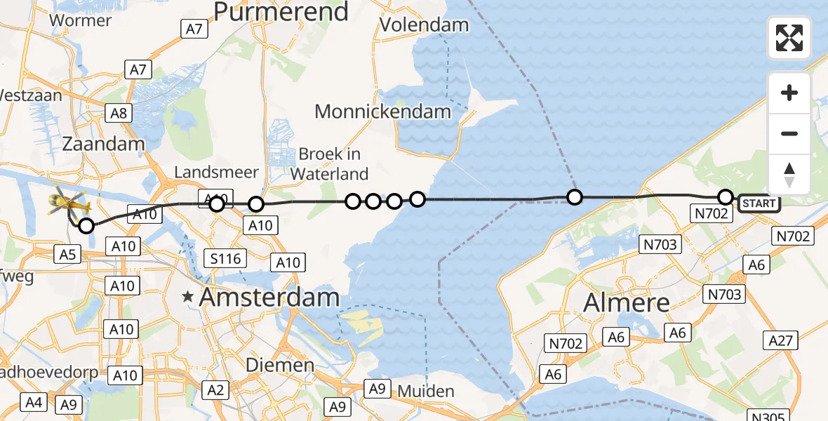 Vluchtroute Traumahelikopter Lelystad - Amsterdam Heliport, 08 augustus 2022, 12:11