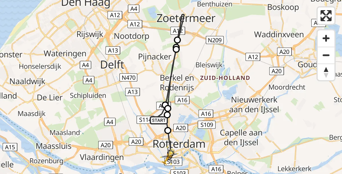Vluchtroute Traumahelikopter Rotterdam The Hague Airport - Erasmus MC, 08 augustus 2022, 12:48