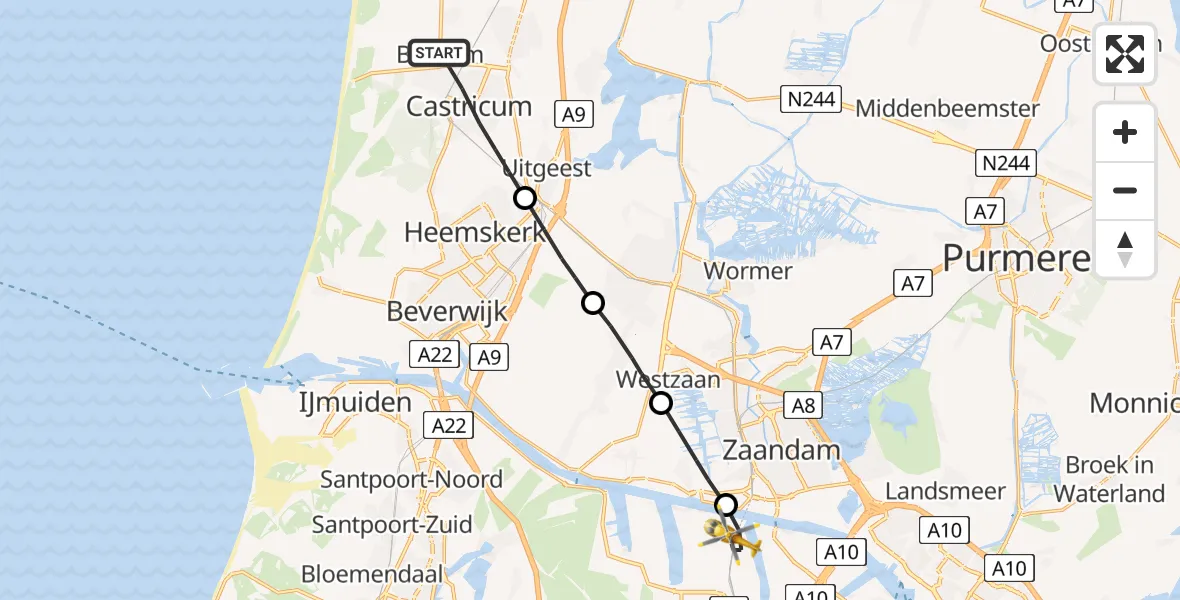 Vluchtroute Traumahelikopter Castricum - Amsterdam Heliport, 08 augustus 2022, 13:26