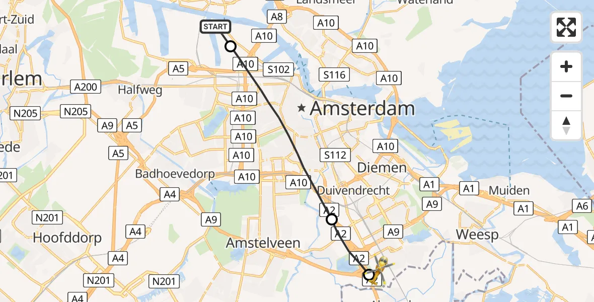 Vluchtroute Traumahelikopter Amsterdam Heliport - Academisch Medisch Centrum (AMC), 08 augustus 2022, 13:44