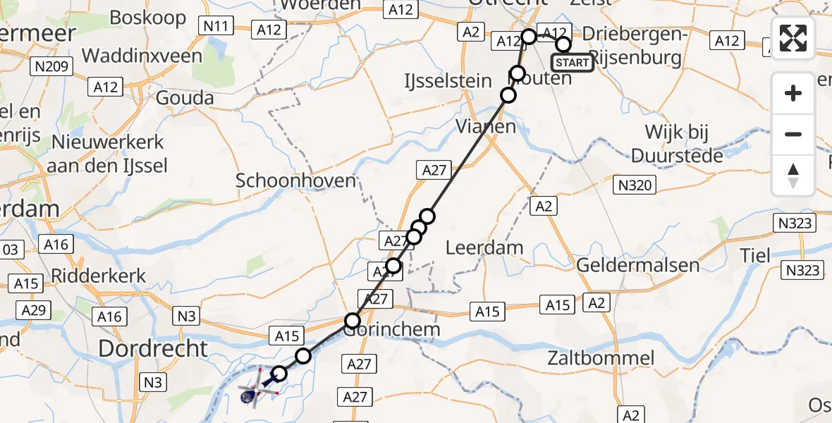Vluchtroute Politiehelikopter Odijk - Werkendam, 08 augustus 2022, 15:02