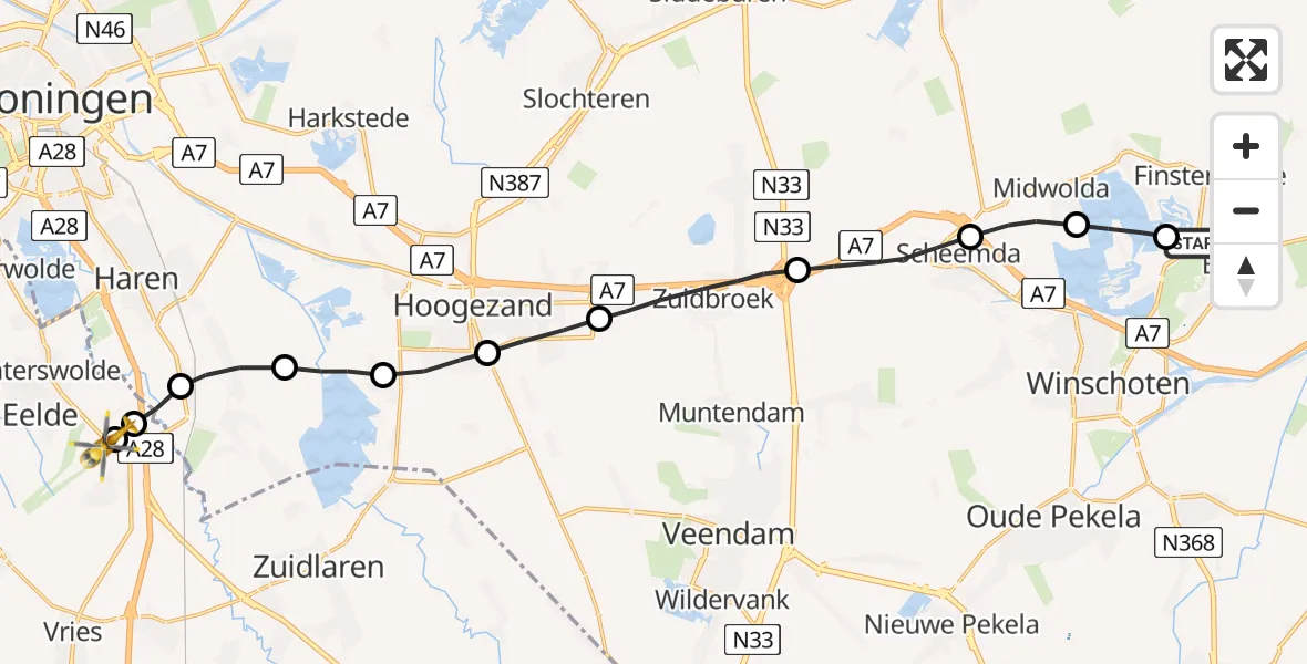 Vluchtroute Traumahelikopter Finsterwolde - Groningen Airport Eelde, 08 augustus 2022, 15:58