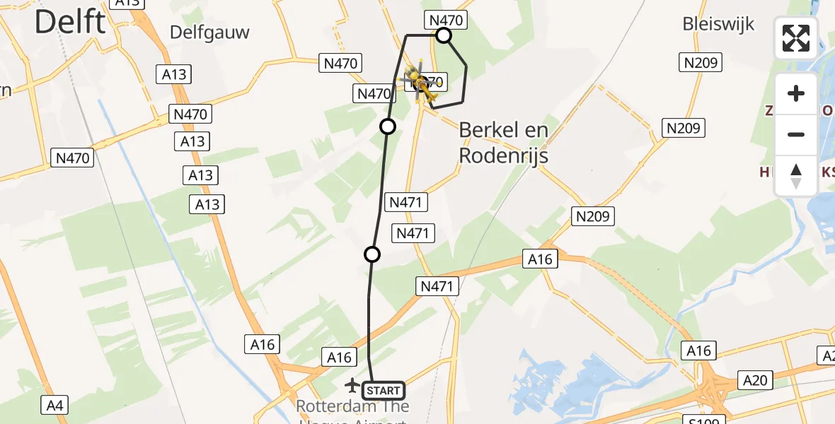 Vluchtroute Traumahelikopter Rotterdam The Hague Airport - Pijnacker, 08 augustus 2022, 17:43