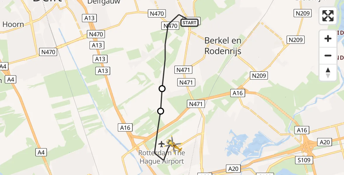 Vluchtroute Traumahelikopter Pijnacker - Rotterdam The Hague Airport, 08 augustus 2022, 17:58