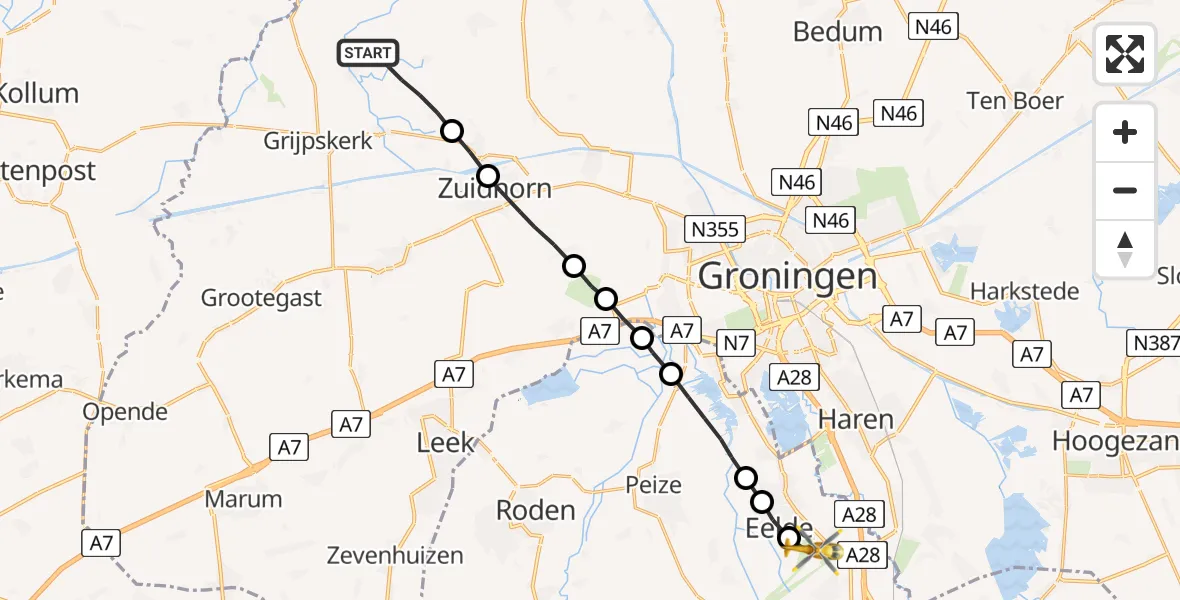 Vluchtroute Traumahelikopter van Niehove naar Groningen Airport Eelde