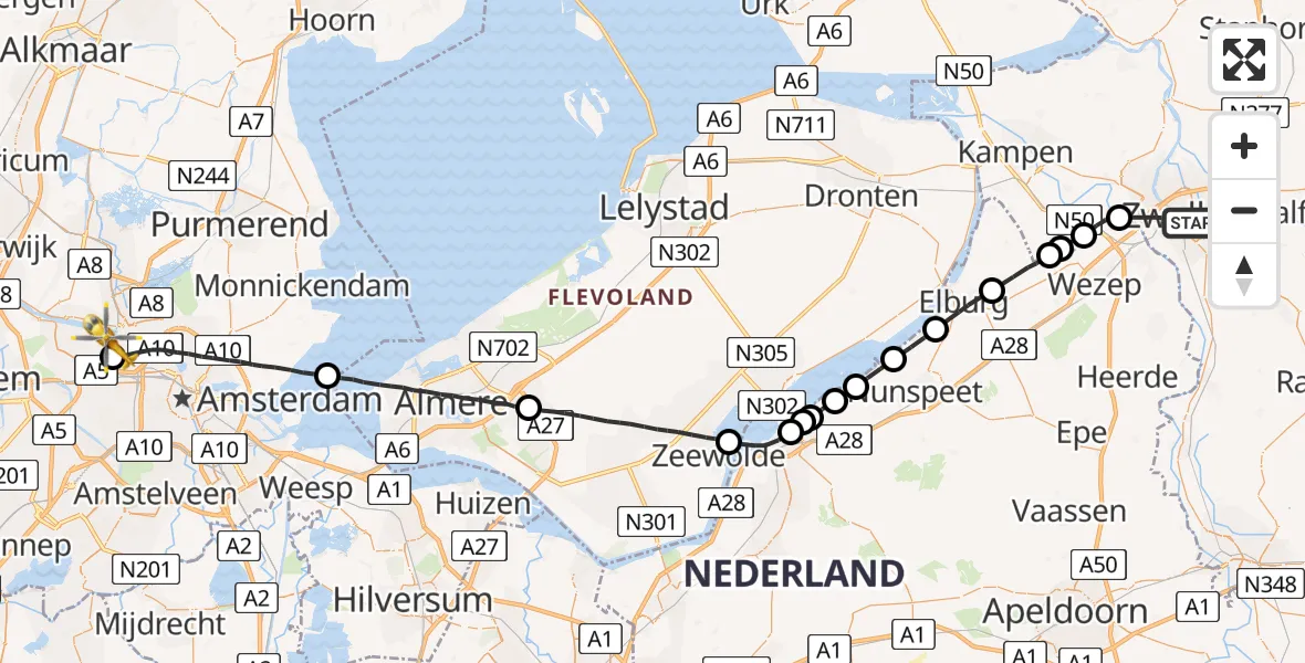 Vluchtroute Traumahelikopter Zwolle - Amsterdam Heliport, 08 augustus 2022, 19:28