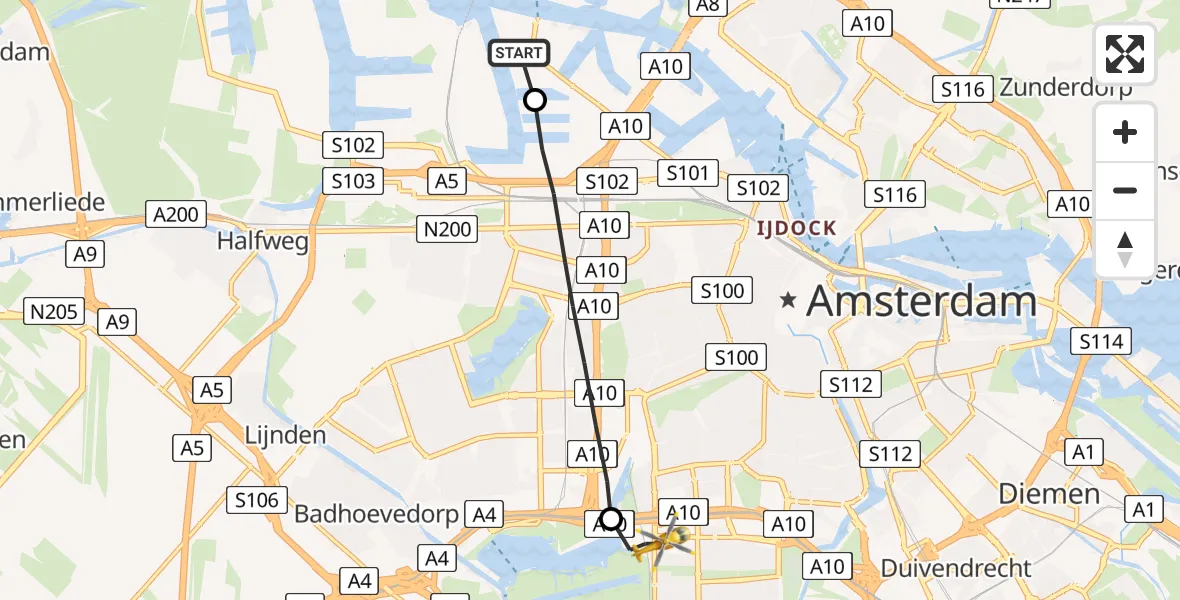 Vluchtroute Traumahelikopter Amsterdam Heliport - VU Medisch Centrum Amsterdam, 08 augustus 2022, 20:06