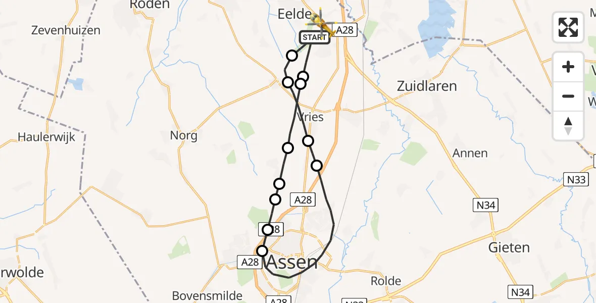 Vluchtroute Traumahelikopter Groningen Airport Eelde - Groningen Airport Eelde, 08 augustus 2022, 20:45