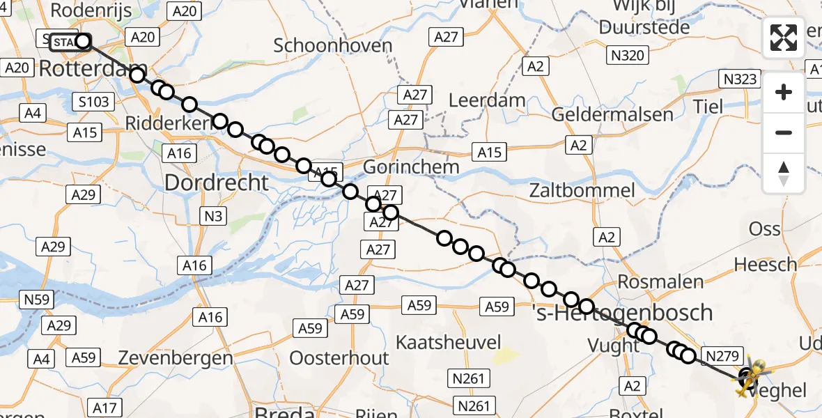 Vluchtroute Traumahelikopter Rotterdam The Hague Airport - Veghel, 08 augustus 2022, 22:48