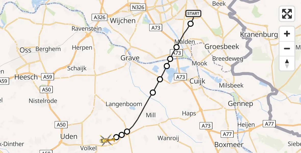 Vluchtroute Traumahelikopter Nijmegen - Vliegbasis Volkel, 08 augustus 2022, 23:20