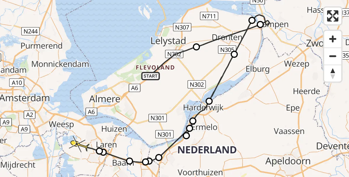 Routekaart van de vlucht: Politieheli naar Ankeveen
