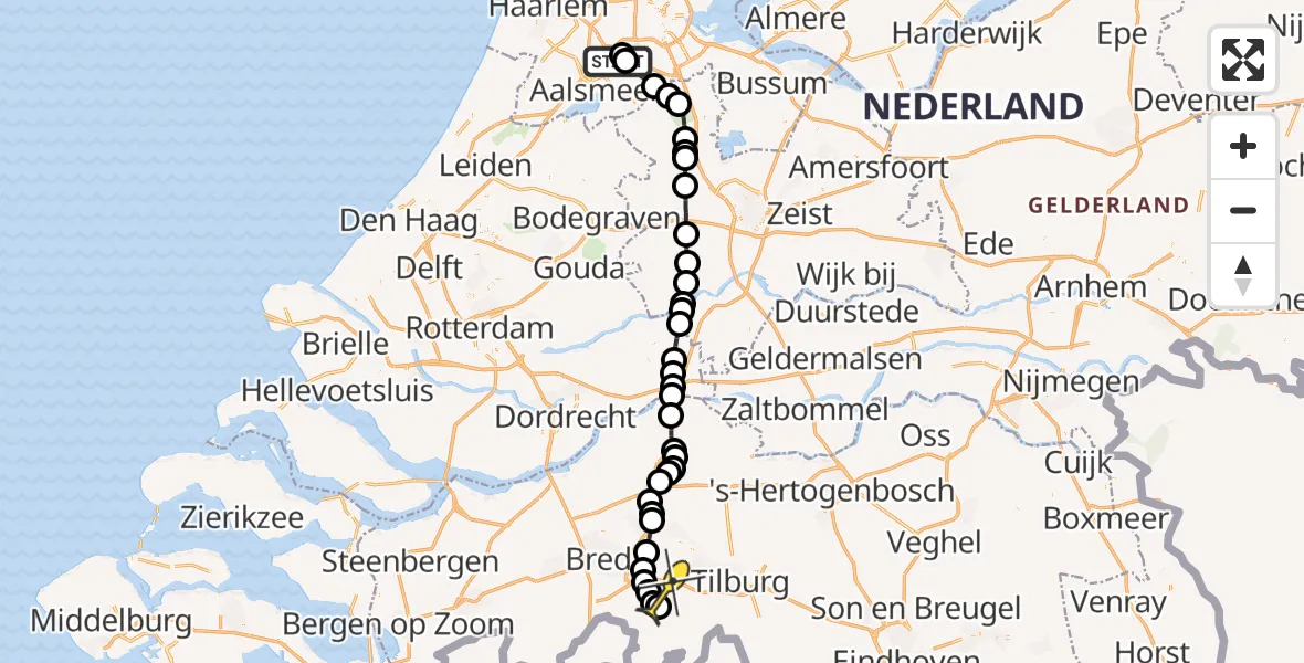 Vluchtroute Politiehelikopter van Schiphol naar Gilze