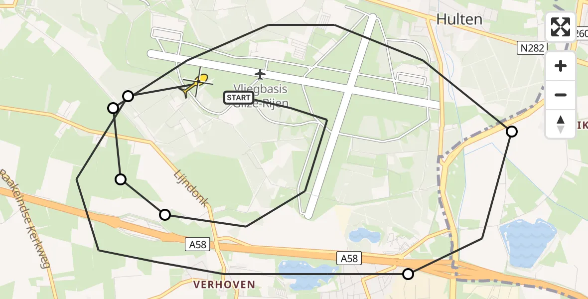 Routekaart van de vlucht: Politieheli naar Vliegbasis Gilze-Rijen