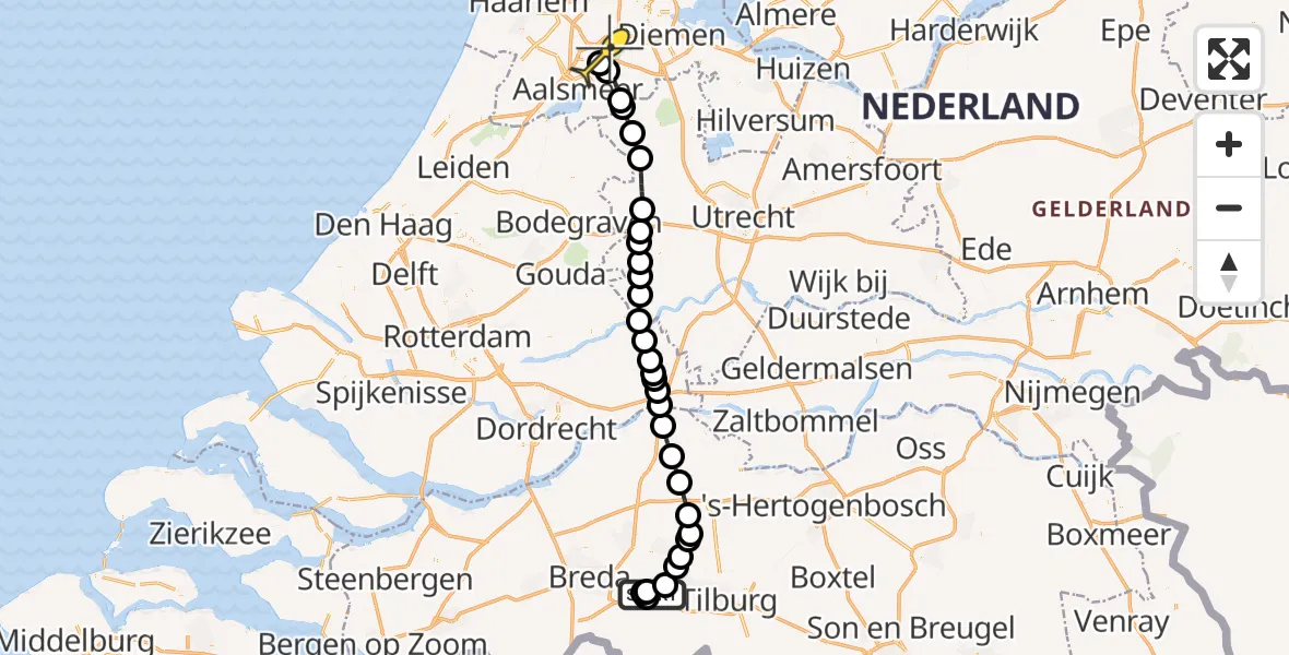 Routekaart van de vlucht: Politieheli naar Schiphol